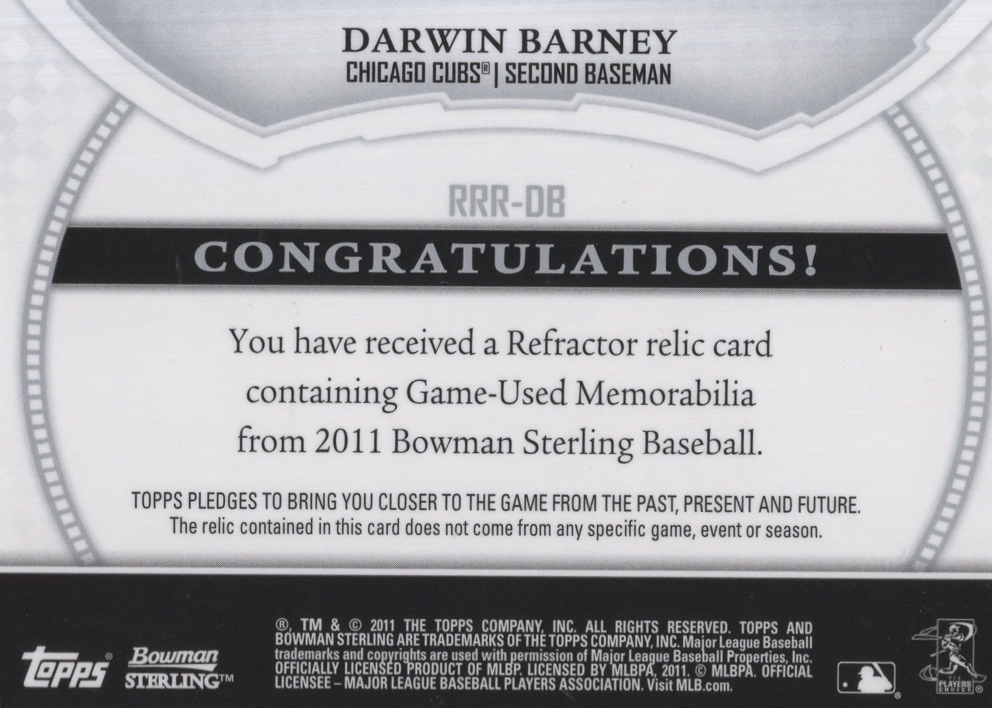 Darwin Barney Chicago Cubs Real Baseball Used Jersey Memorabilia Trading Card