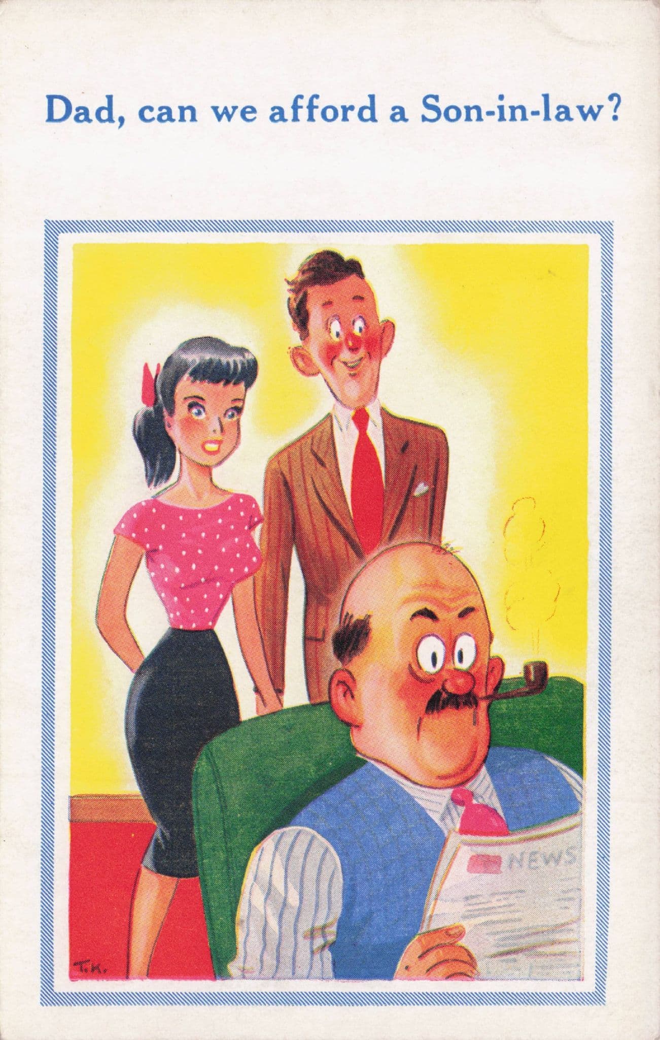 Daughter Shock Pregnancy Pipe Smoking Man Newspaper Old Comic Postcard