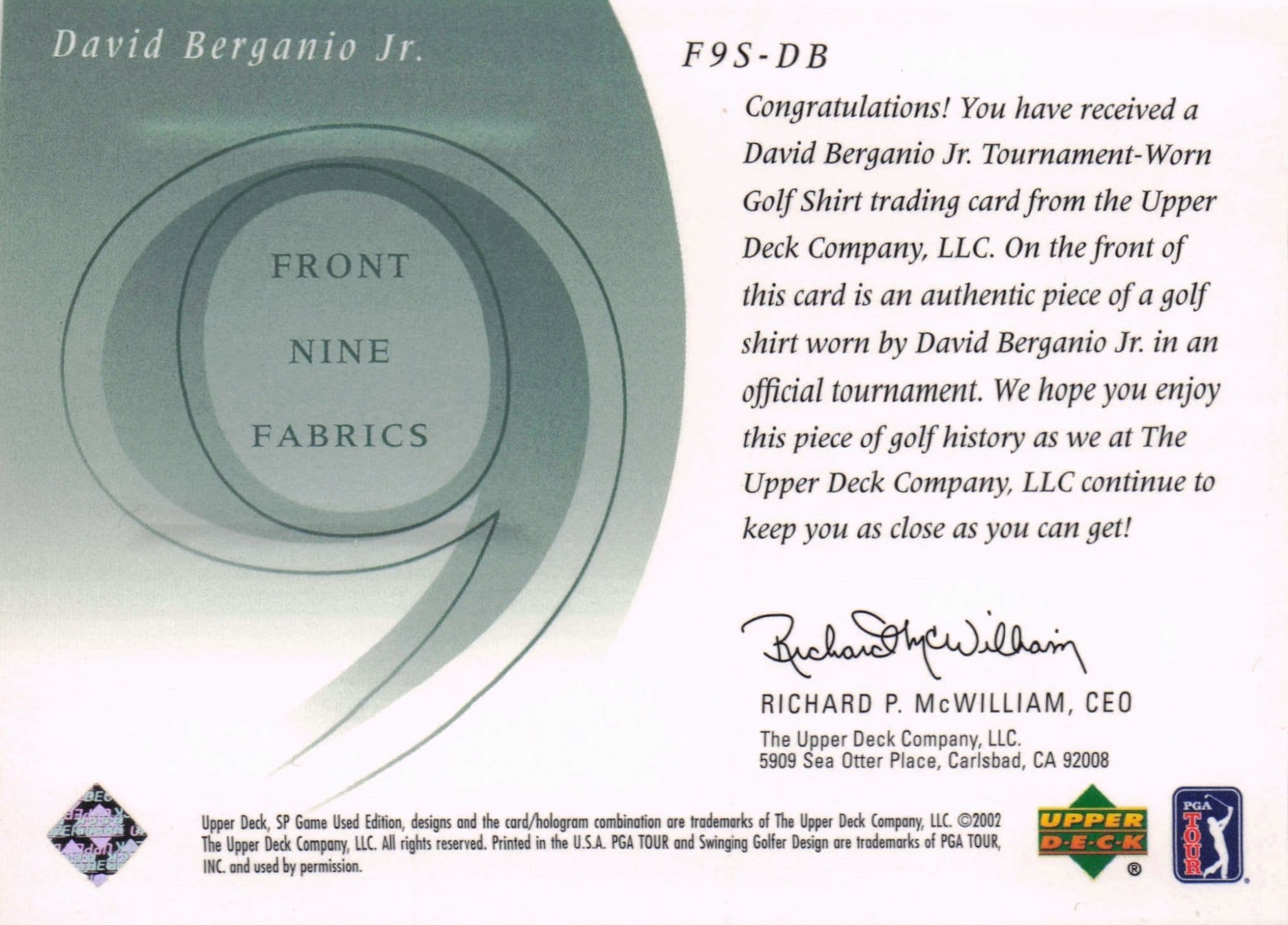 David Berganio Jnr Front 9 Fabric 2002 Upper Deck Authentic Shirt Card