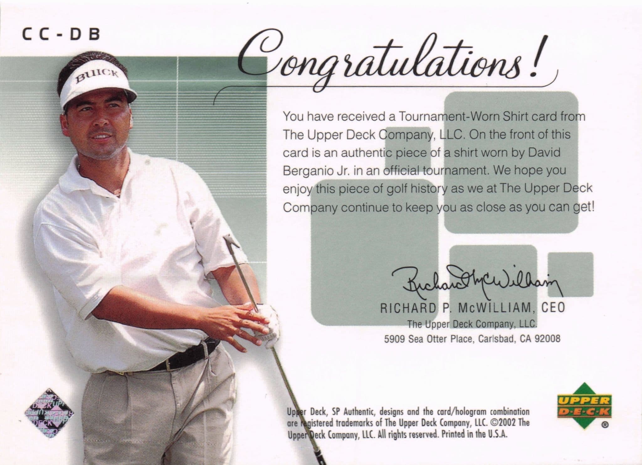 David Berganio Jr Course Classics Upper Deck 2002 Real Relic Golf Shirt Card