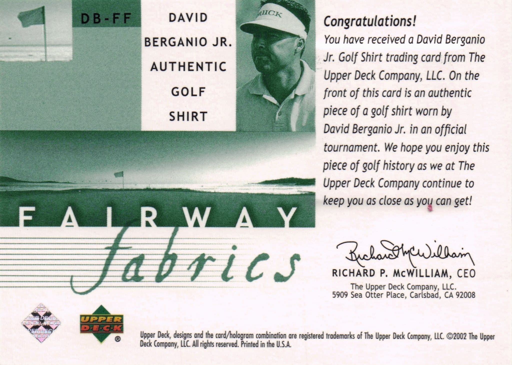 David Berganio Jr Fairway Fabrics 2002 Golf Upper Deck Real Worn Shirt Relic Card