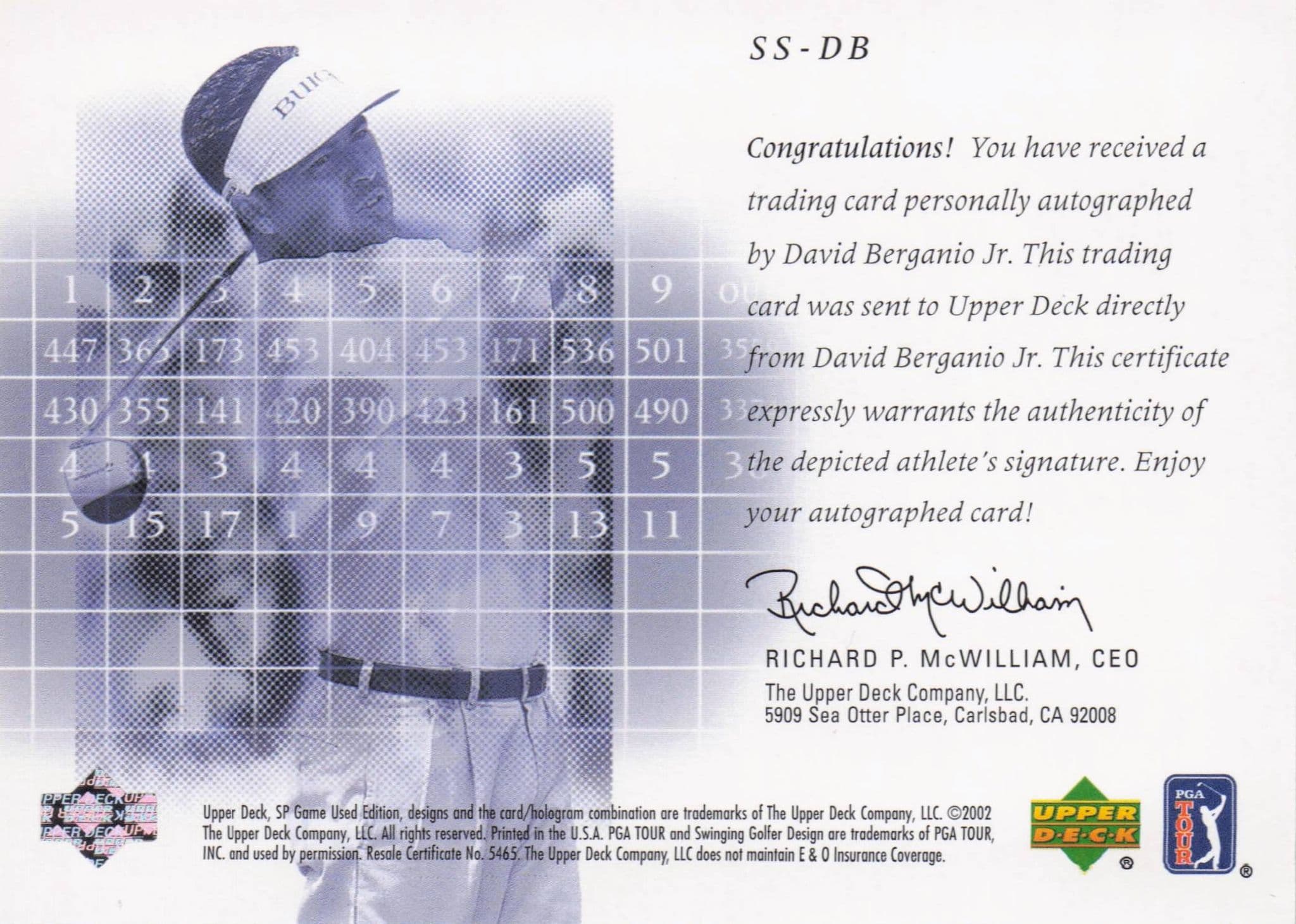 David Berganio Scorecard Signatures Hand Signed 2002 SP Golf Autograph Card