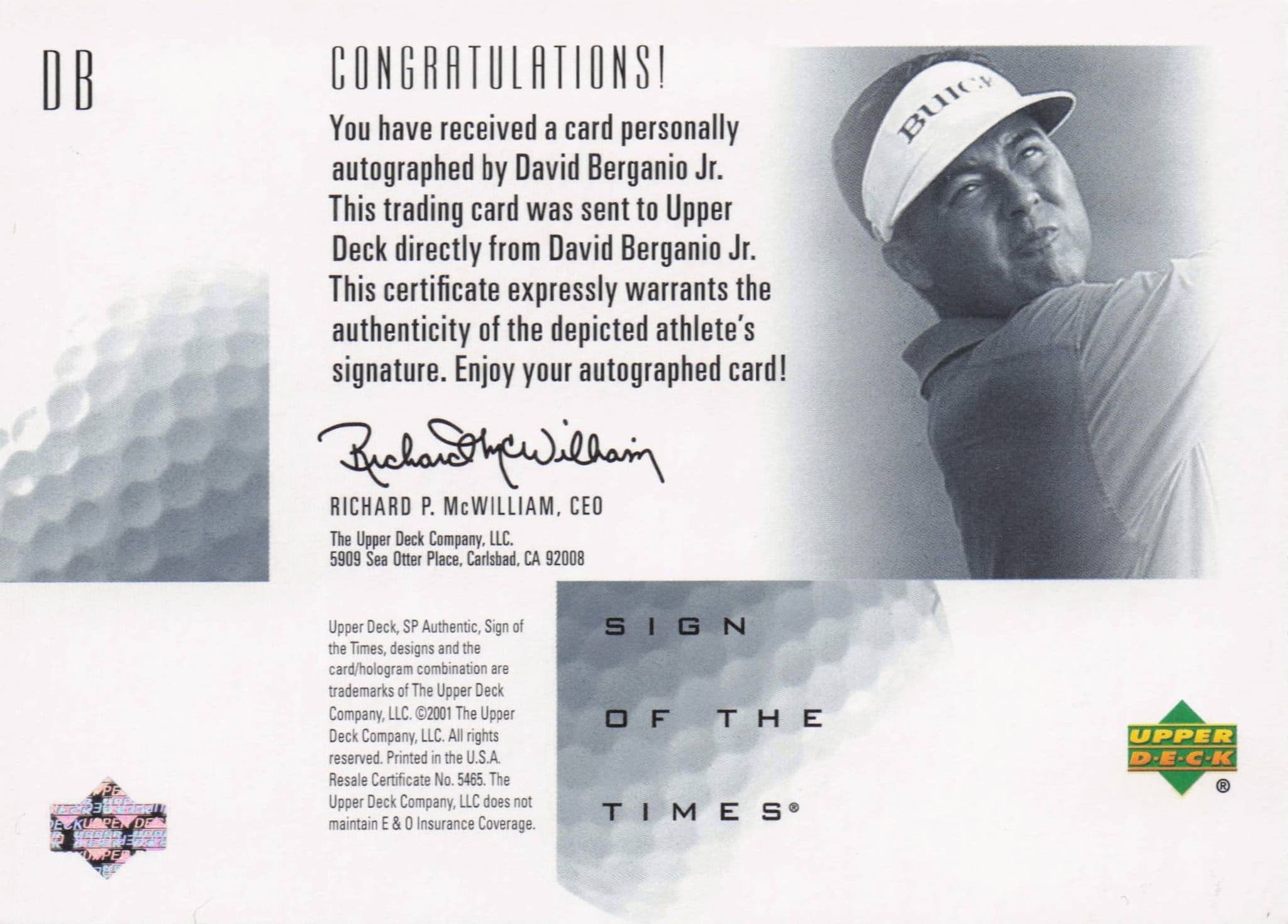 David Berganio Sign Of The Times Hand Signed 2001 SP Golf Autograph Card