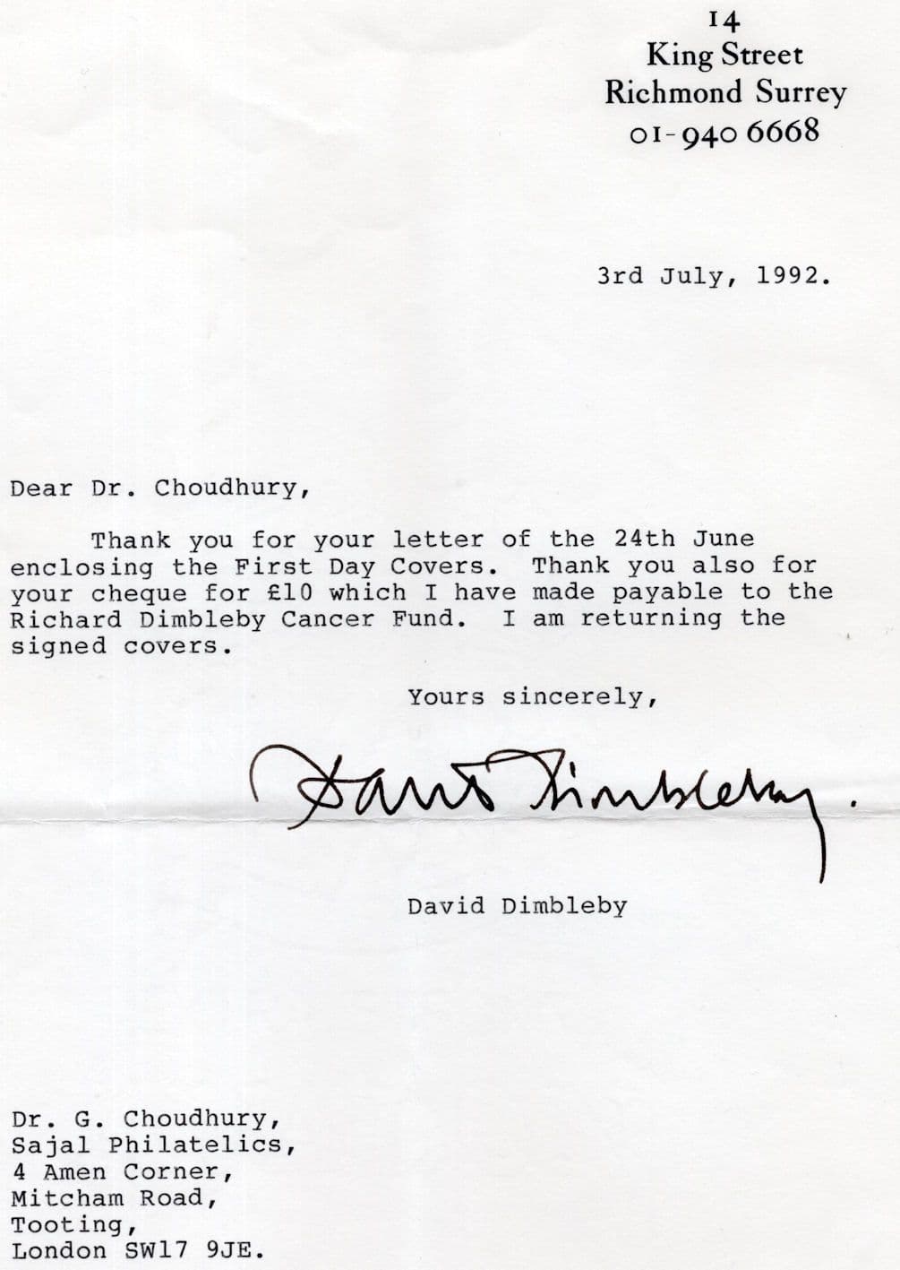 David Dimbleby Large A4 Hand Signed Letter From Home Headed Paper