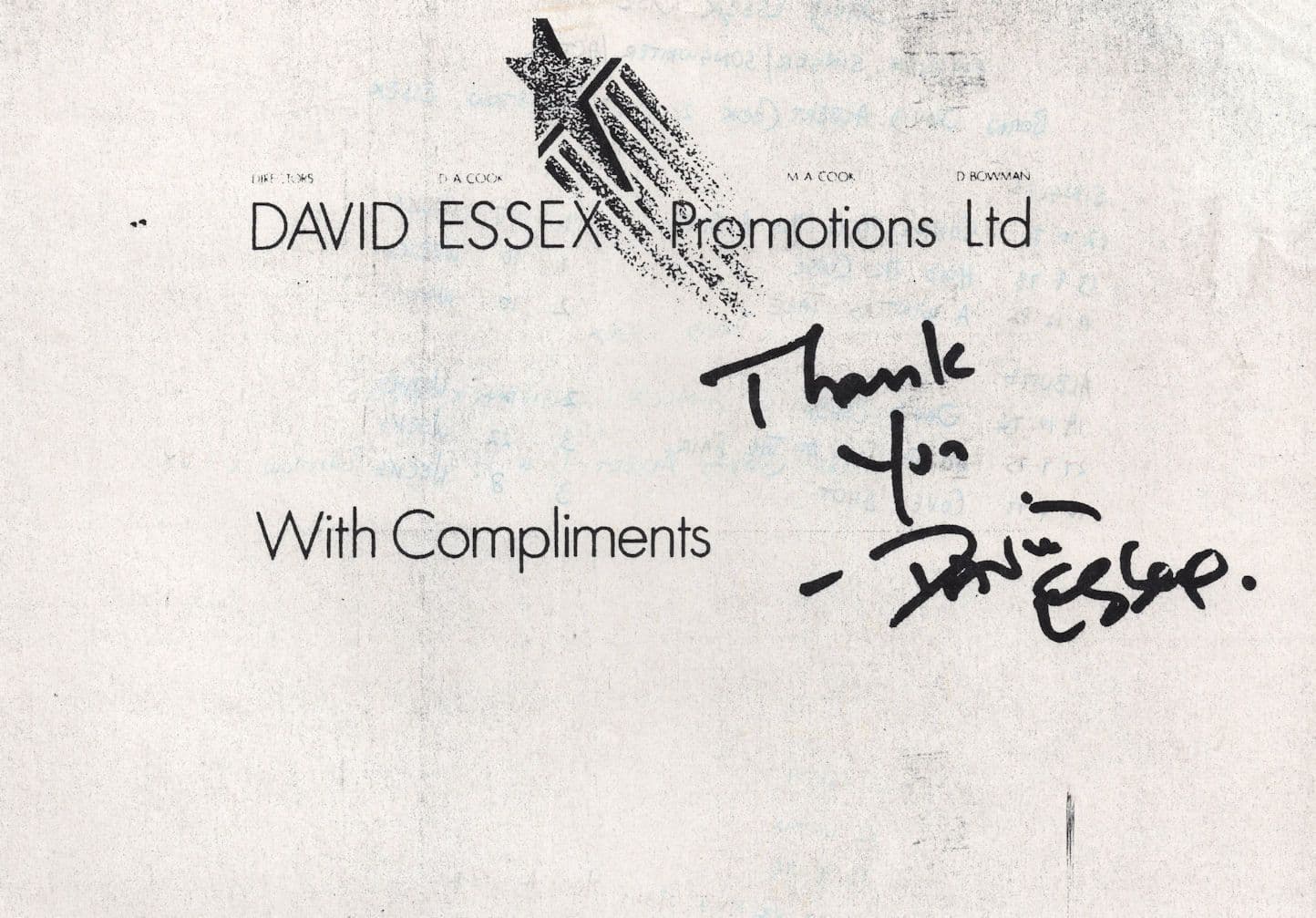 David Essex Promotions Vintage Old Official Hand Signed Autograph