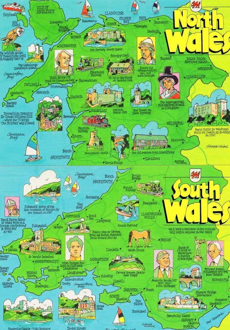 David George MP Dylan Thomas Bertrand Russell 2x Wales Map Postcard s