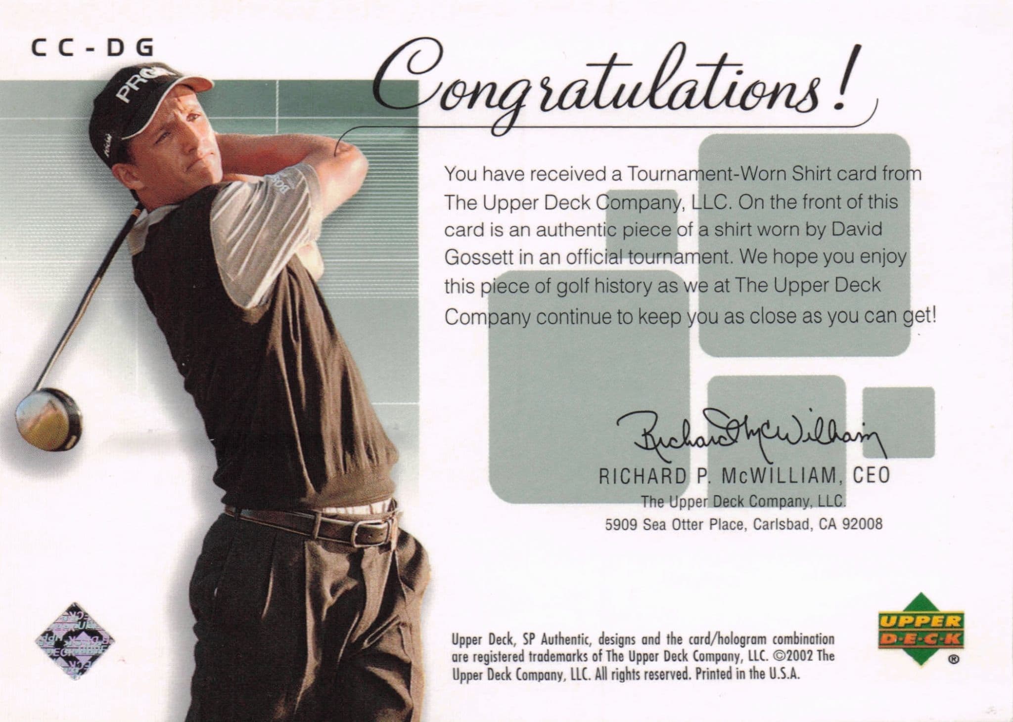 David Gossett Course Classics Upper Deck 2002 Real Relic Golf Shirt Card