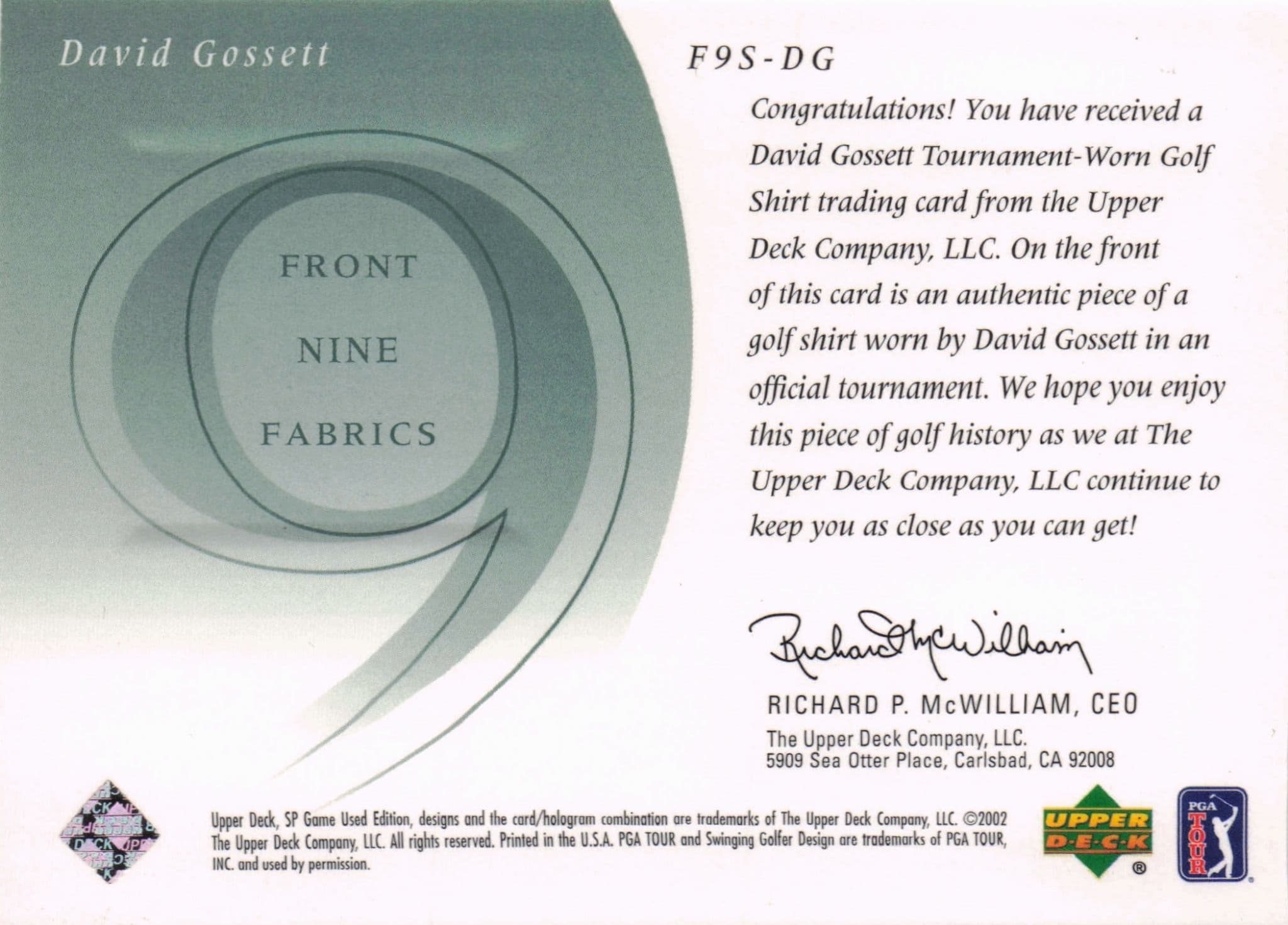 David Gossett Front 9 Fabric 2002 Upper Deck Authentic Shirt Card