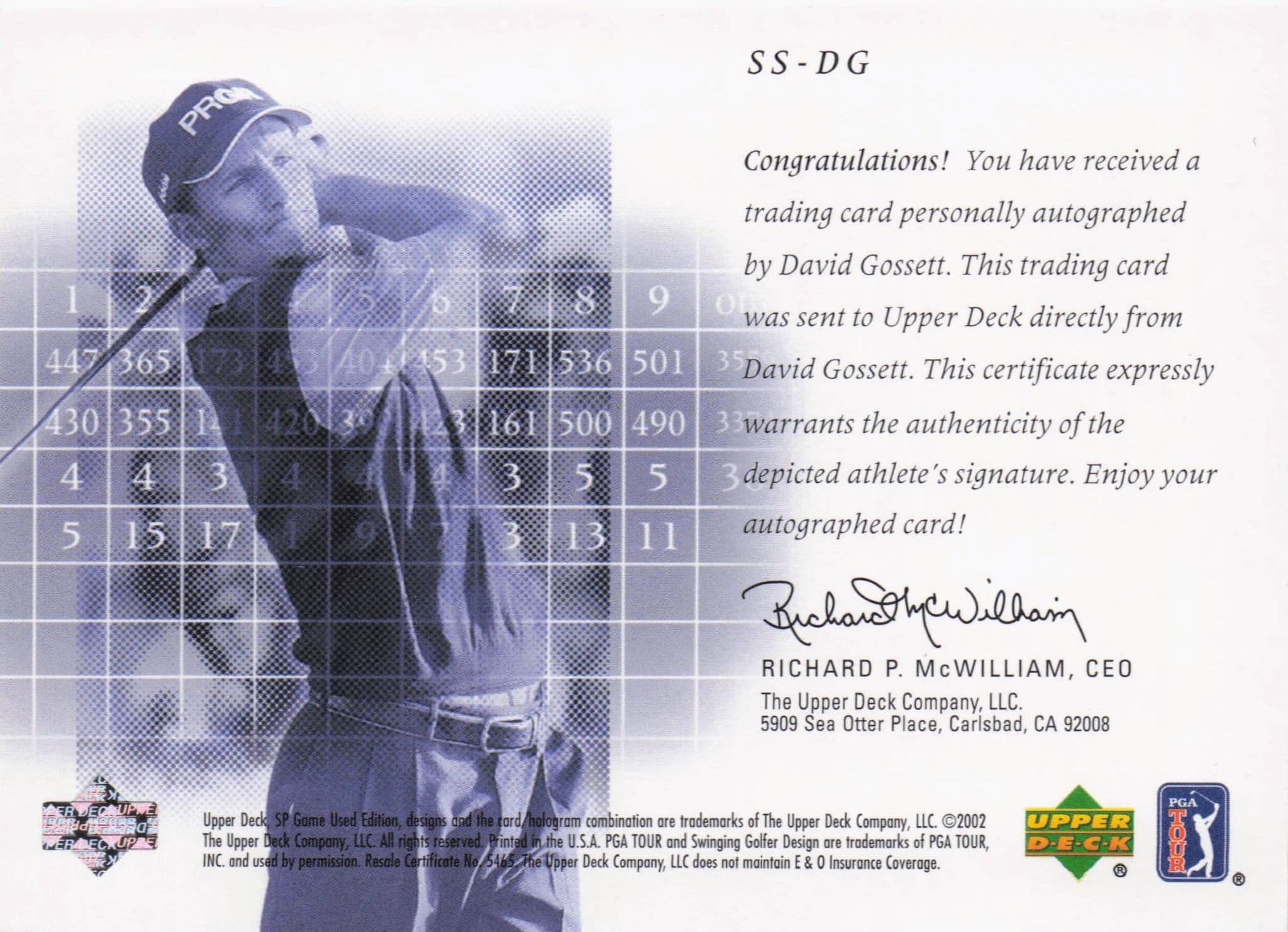 David Gossett Scorecard Signatures Hand Signed 2002 SP Golf Autograph Card