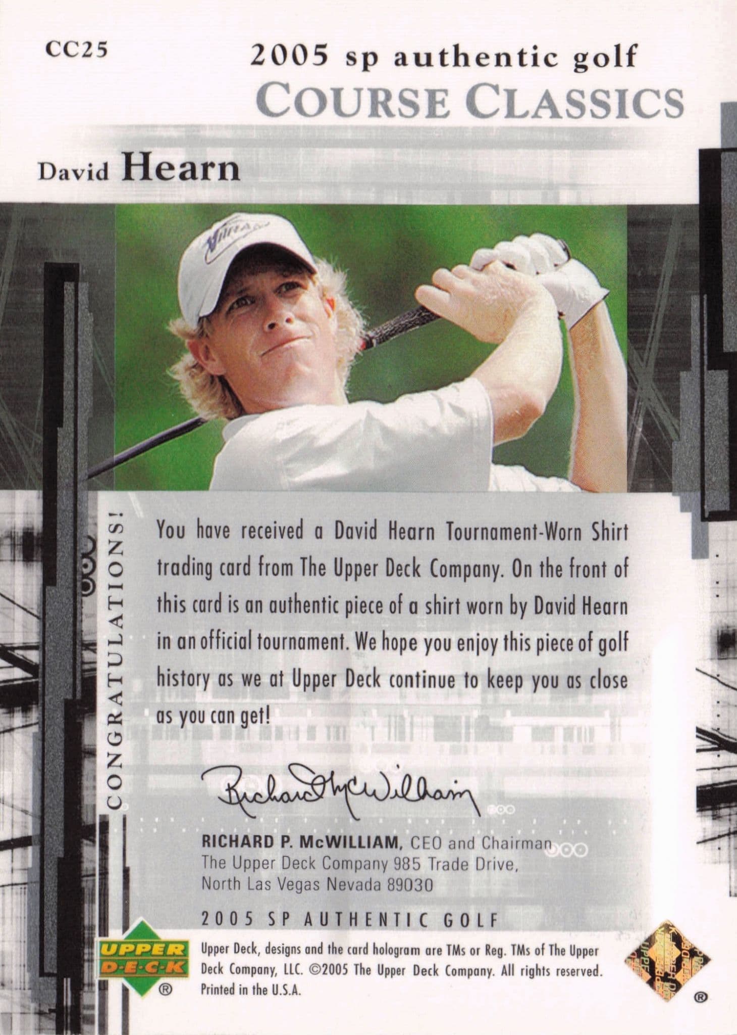 David Hearn Course Classics 2005 Golf SP Upper Deck Worn Shirt Card