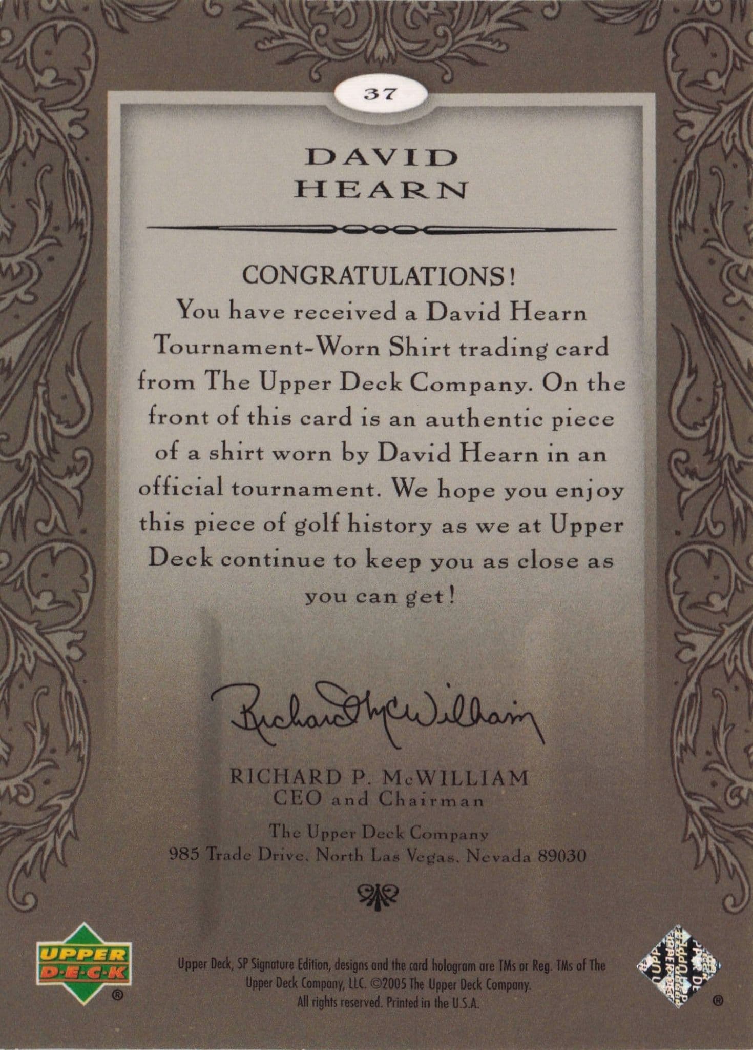 David Hearn First Tee SP 2005 Golf Upper Deck Relic Shirt Card