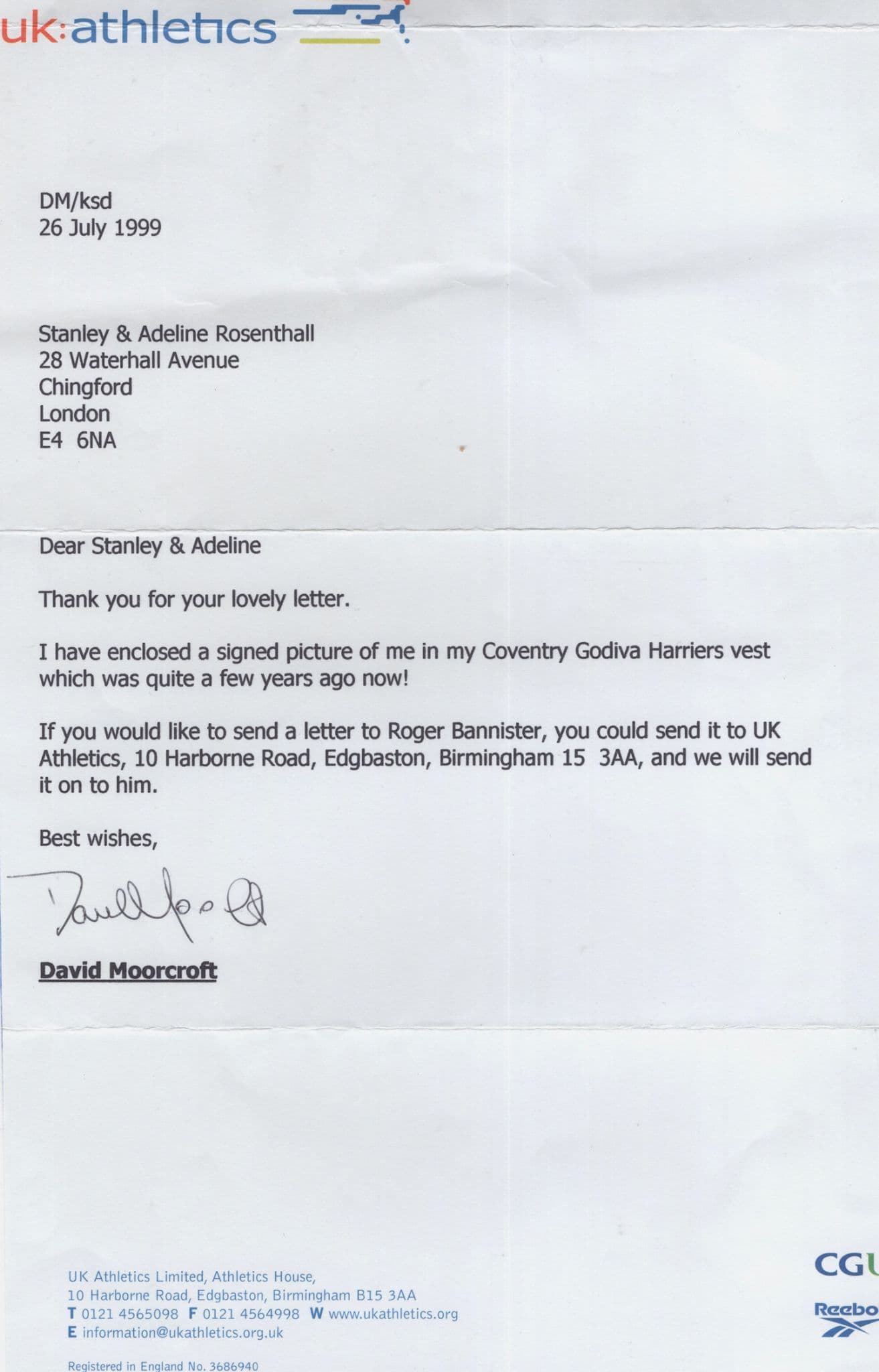 David Moorcroft Me In My Vest UK Olympic Games Hand Signed Letter