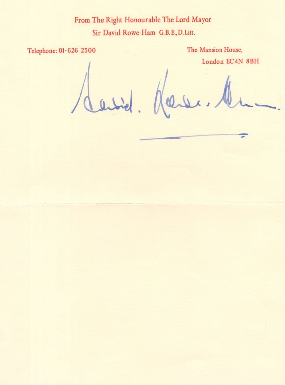 David Rowe-Ham 1980s London Mayor Hand Signed Letter Autograph