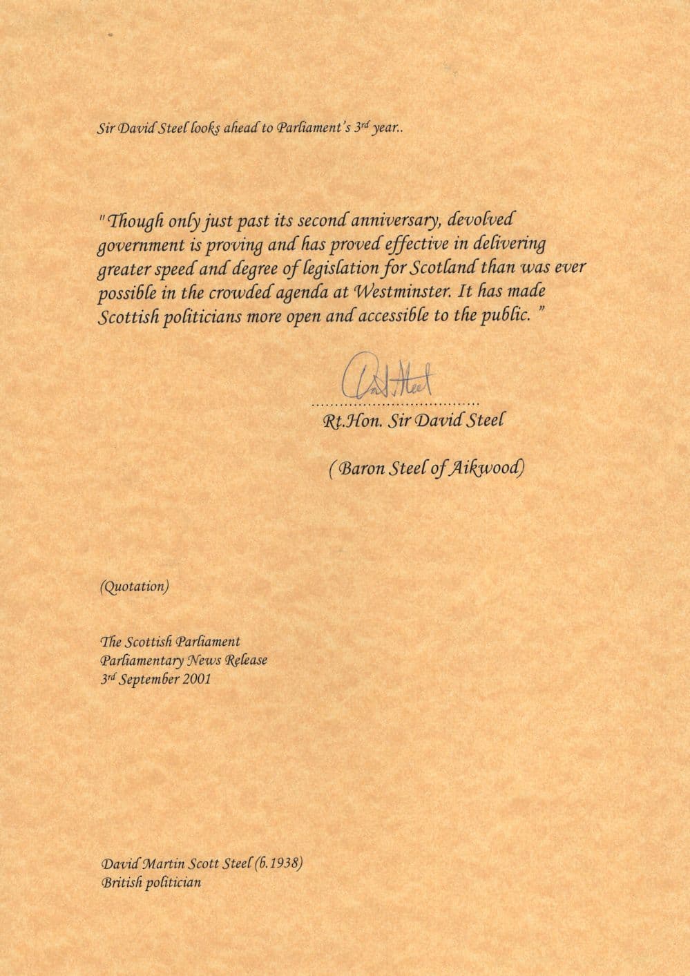 David Steel Liberal MP Hand Signed Quotation Autograph