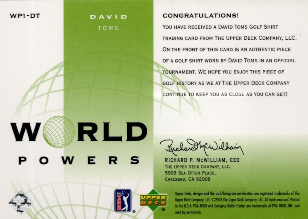 David Toms Authentic World Powers Golf Upper Deck Relic Shirt Card