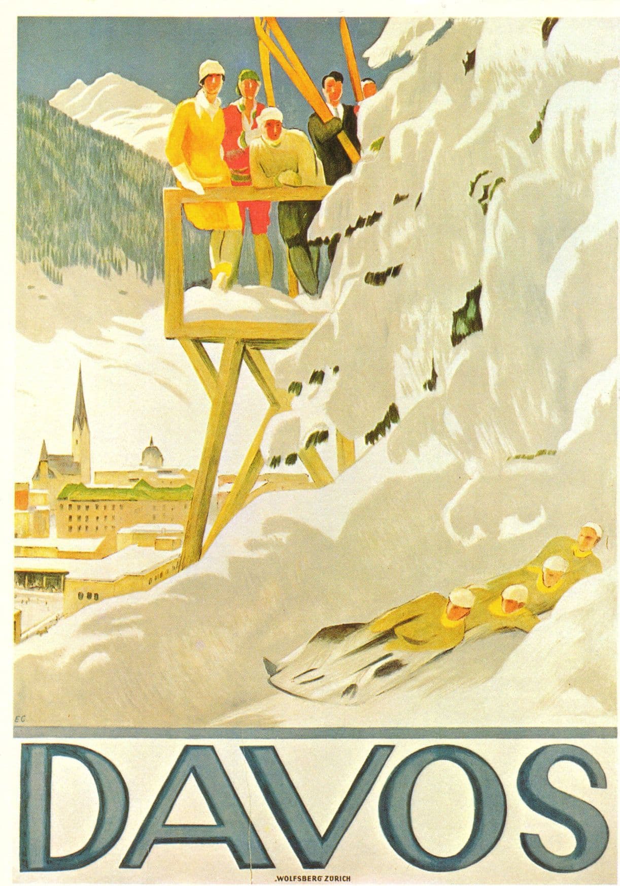 Davos Sleighing Skiing Holidays Switzerland 1908 Poster Postcard