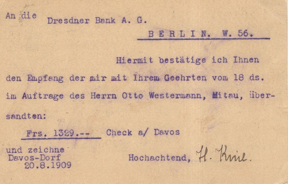 Davos Switzerland to Dresdner Bank Germany Old Postcard