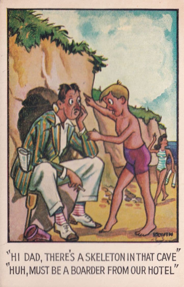 Dead Skeleton In Cave Hotel Boarder Antique Irish Comic Postcard
