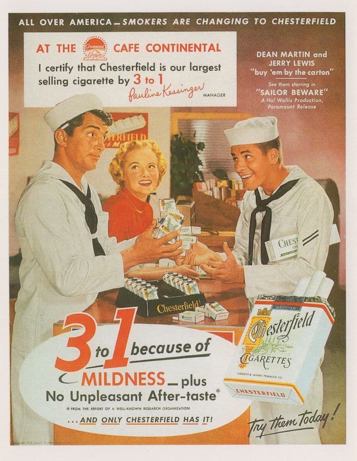 Dean Martin Jerry Lewis Smoking Chesterfield Cigarettes Advertising Postcard