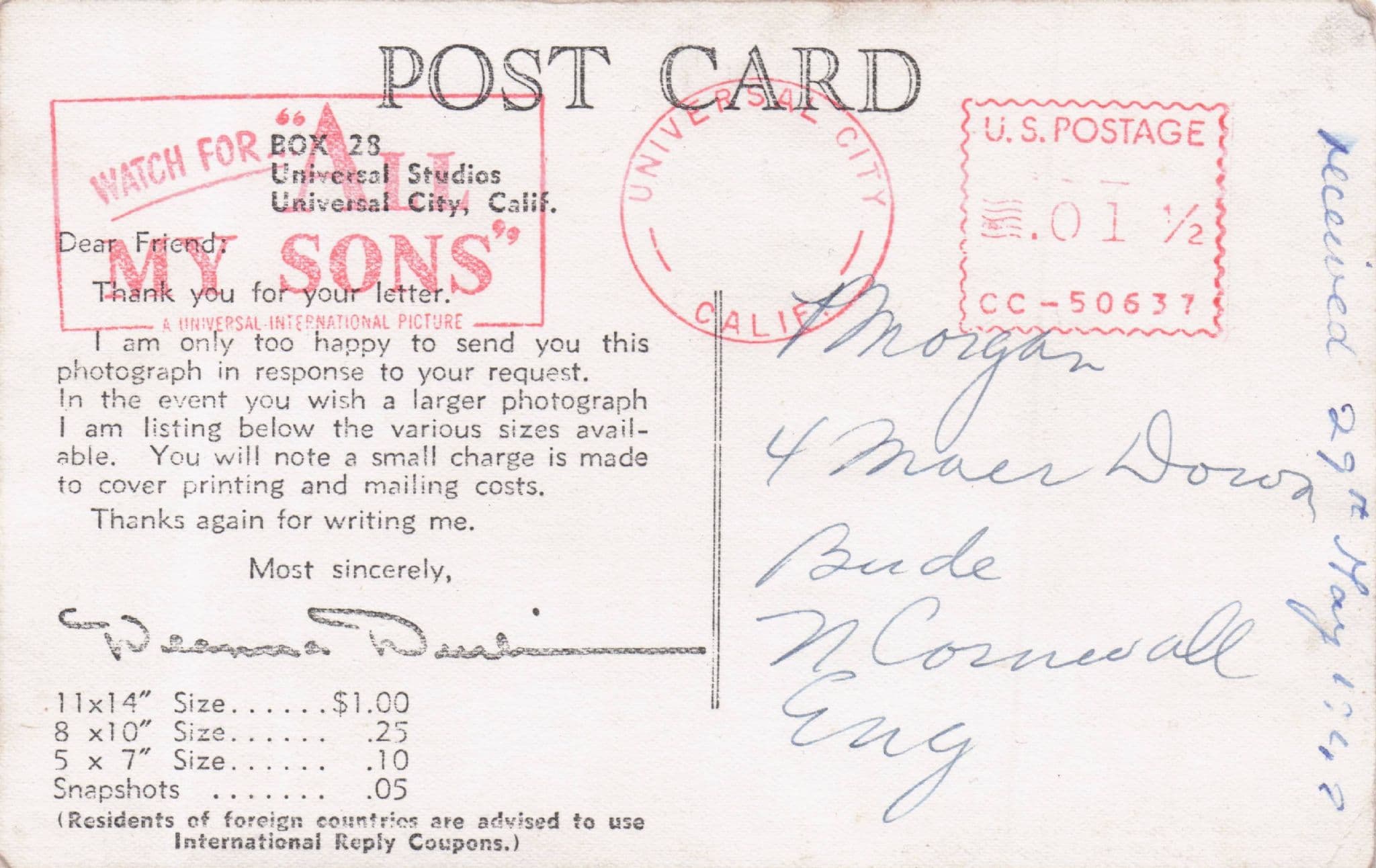Deanne Durbin Soprano Actress Old California Studio Postcard
