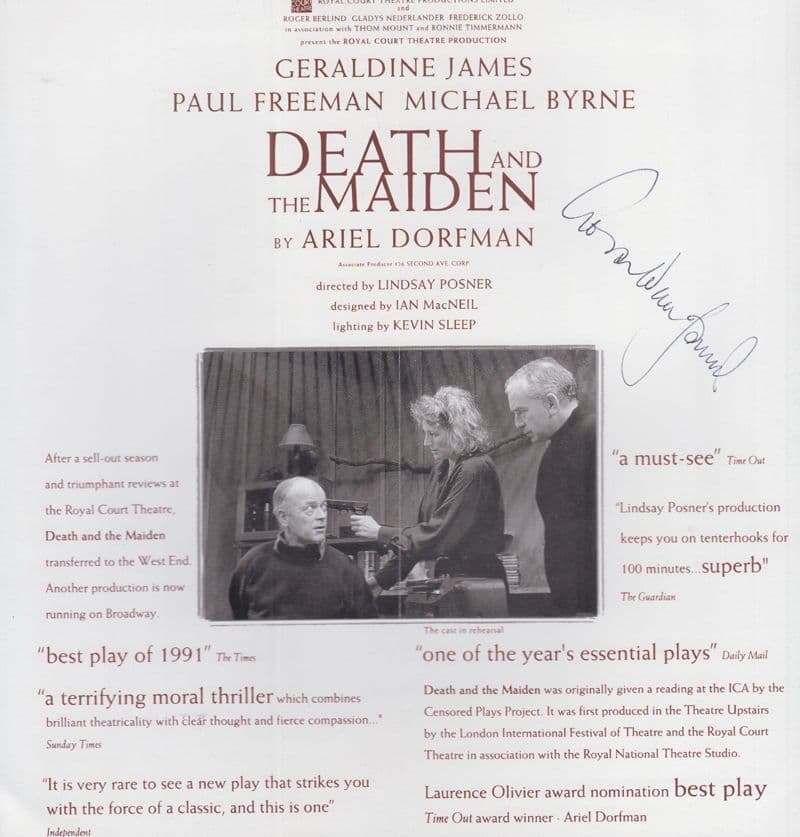 Death & The Maiden Geraldine James Ariel Dorfman Hand Signed Theatre Flyer