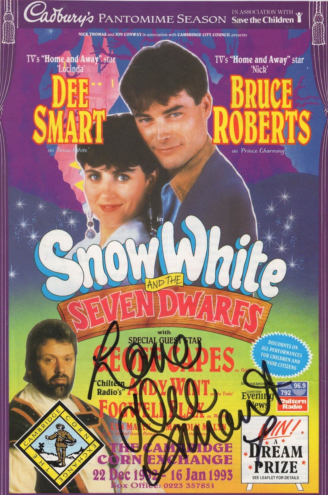 Dee Smart Home & Away Snow White Hand Signed Theatre Flyer