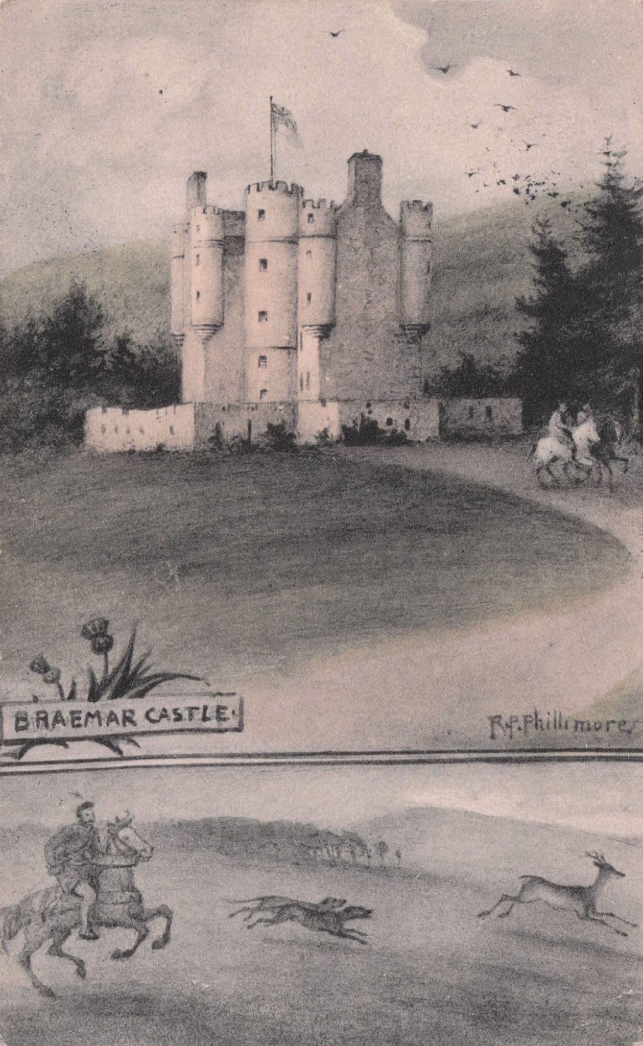 Deer Animal Hunting at Braemar Castle Phillimore Old Scottish Postcard