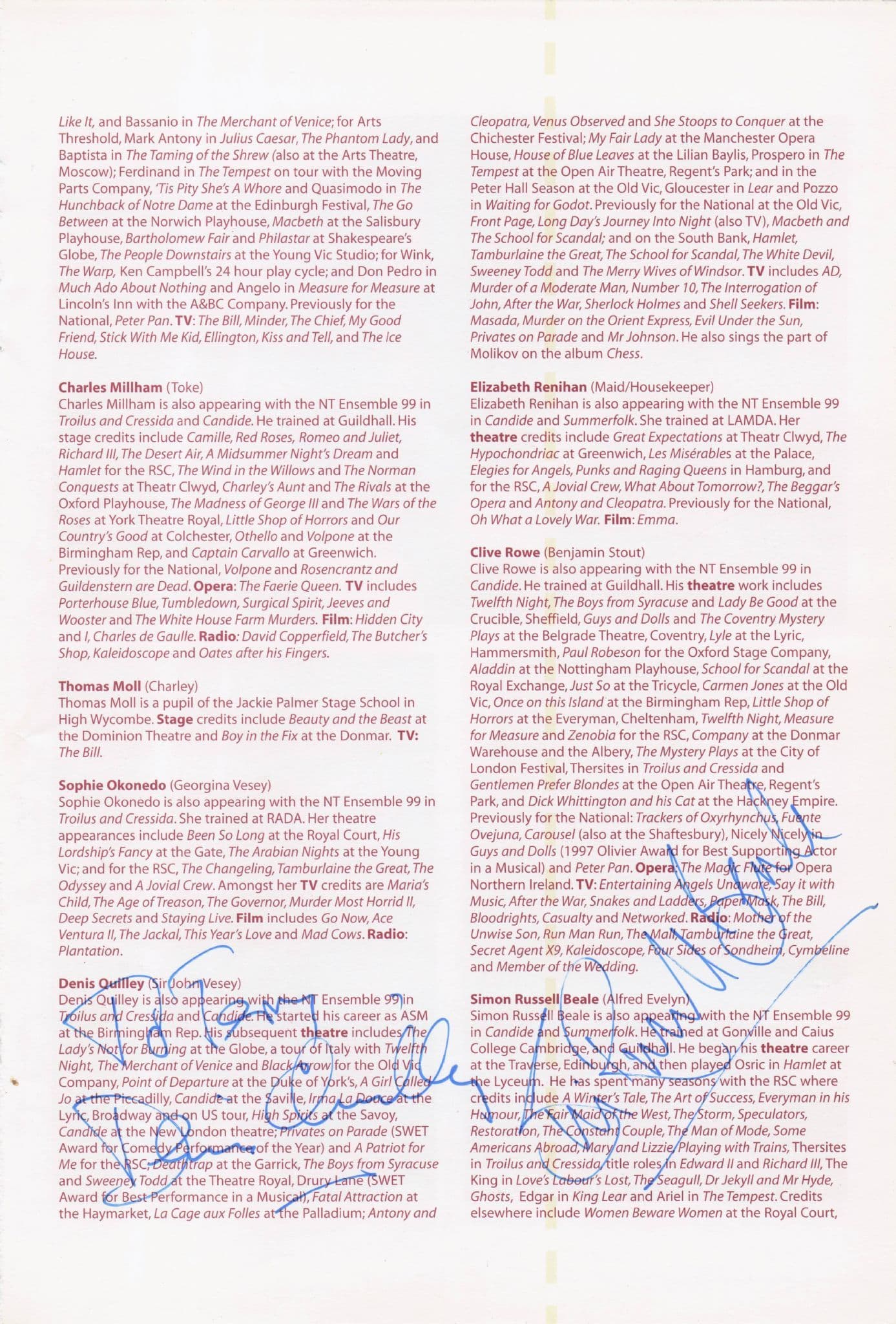 Denis Quilley Timeslip Simon Russell Beale Hand Signed Theatre Page