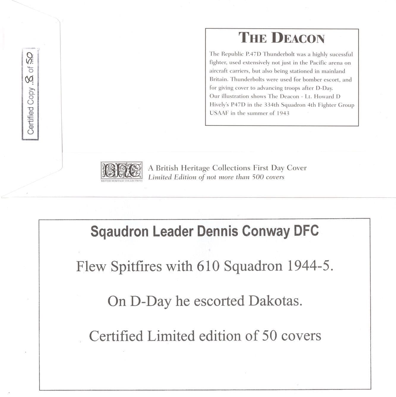 Dennis Conway FDC 610 Squadron Spitfire Pilot Dakota D-Day WW2 LTD TO 50 Hand Signed FDC