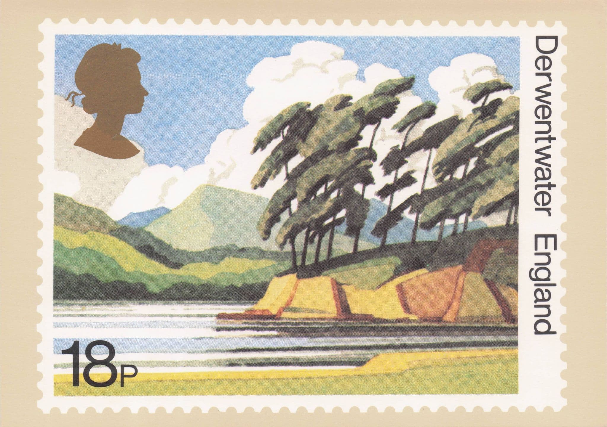 Derwentwater River Mountains Keswick Painting Royal Mail Stamp Postcard