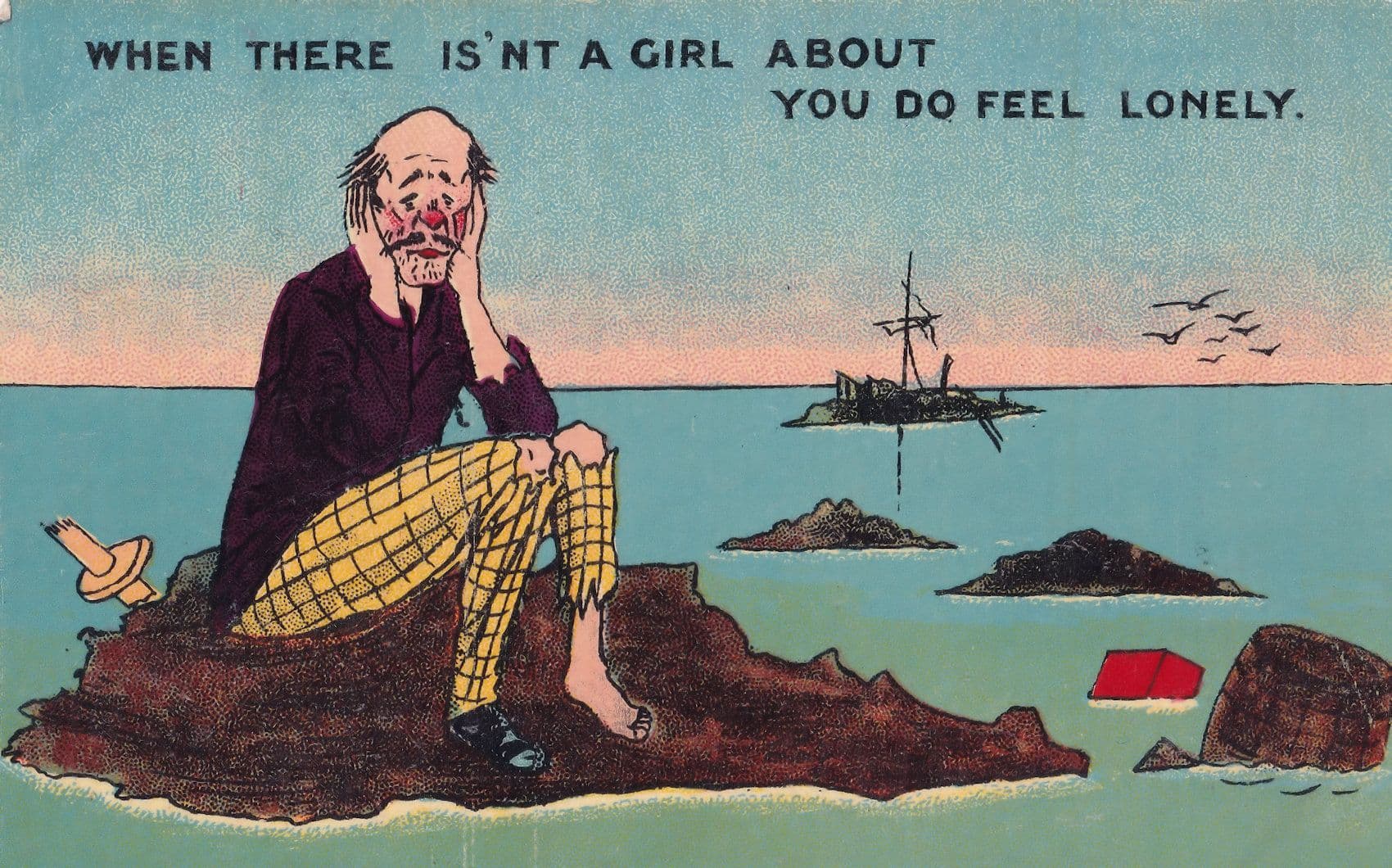 Desert Island Man Ship Lonely Man Deserted Romance Antique Postcard