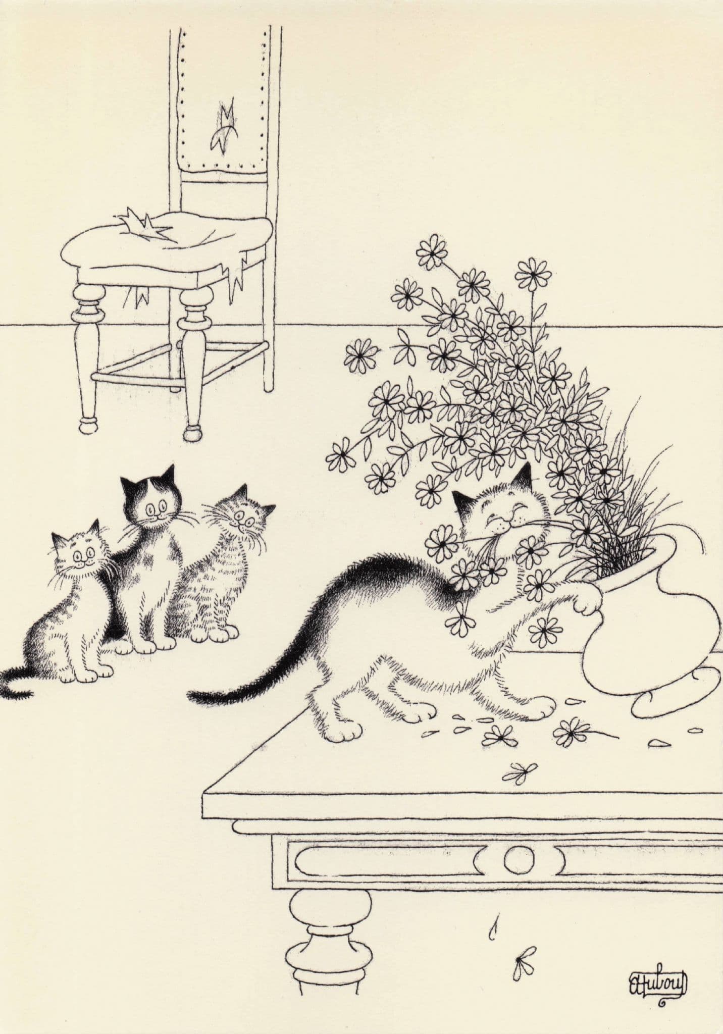 Dessin D'Albert Dubout Les Chats Cat Art Illustrator French France Postcard
