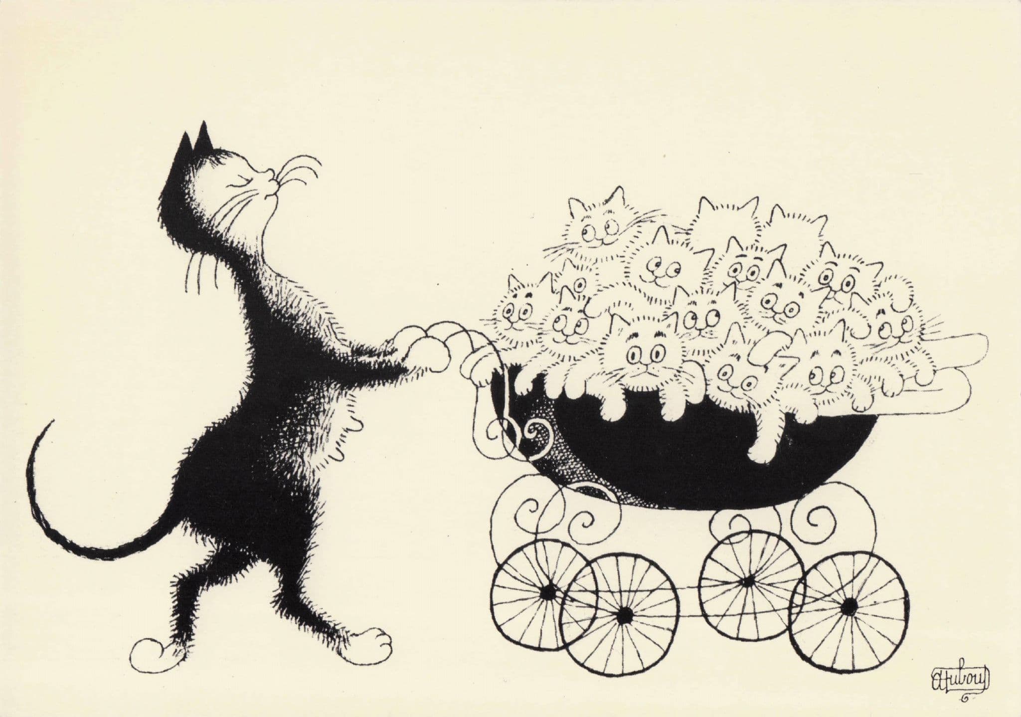 Dessin D'Albert Dubout Les Chats Cat Pram 1960s Art Illustrator French Postcard