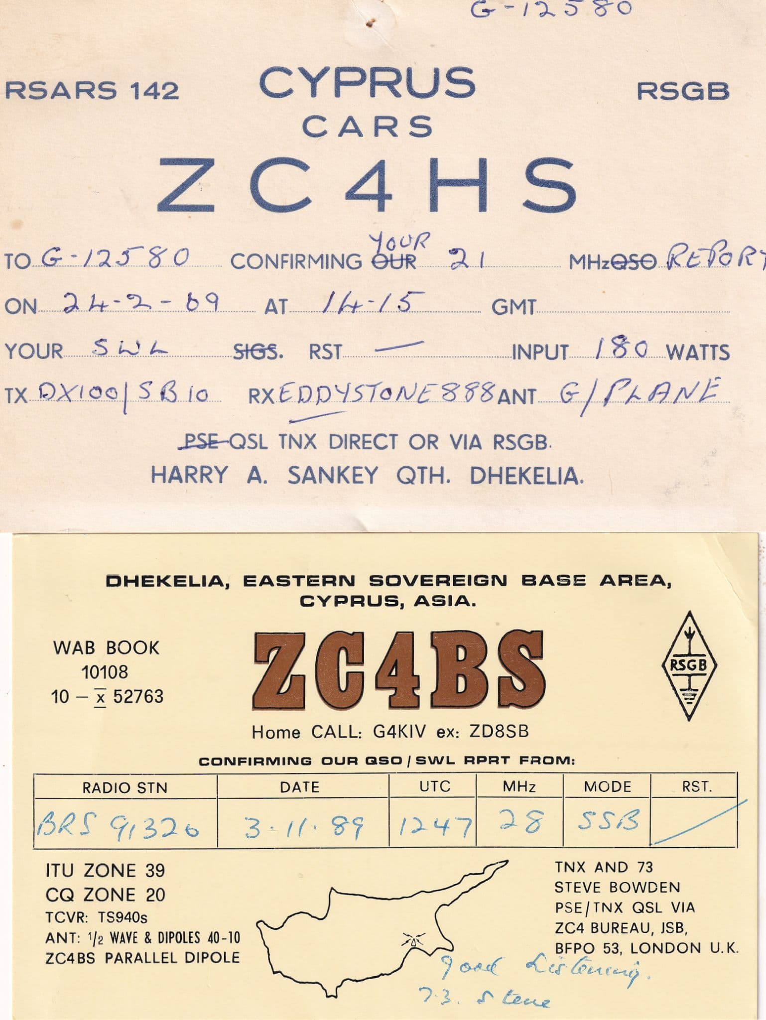 Dhekelia Cyprus QSL 2 x Radio Card