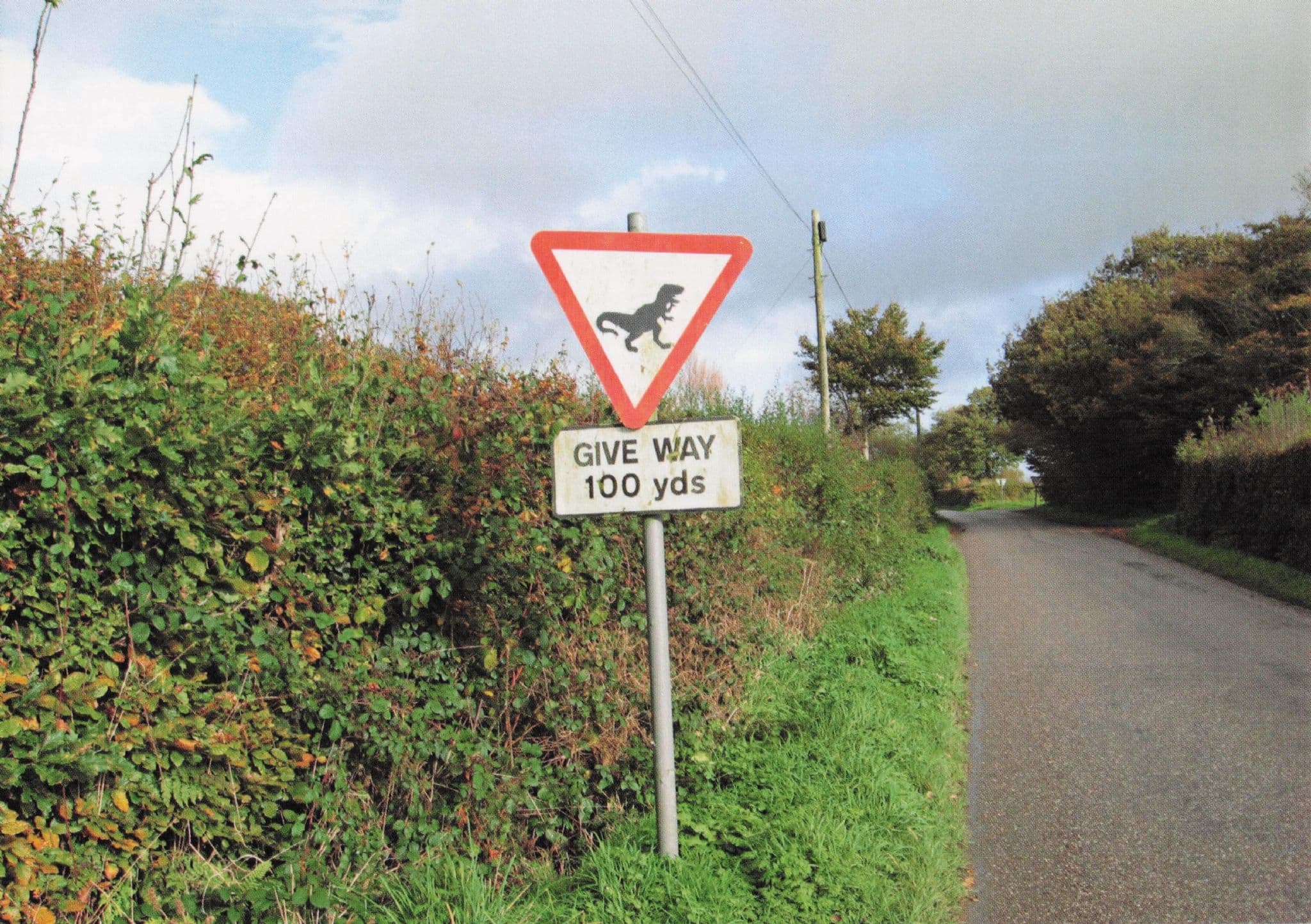 Dinosaur Give Way T-Rex Jurassic Park Devon Comic Road Sign Postcard