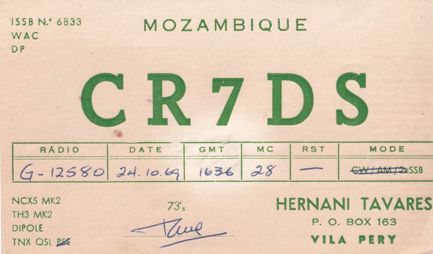 Dipole Mozambique QSL 1960s Vintage Radio Card Ephemera