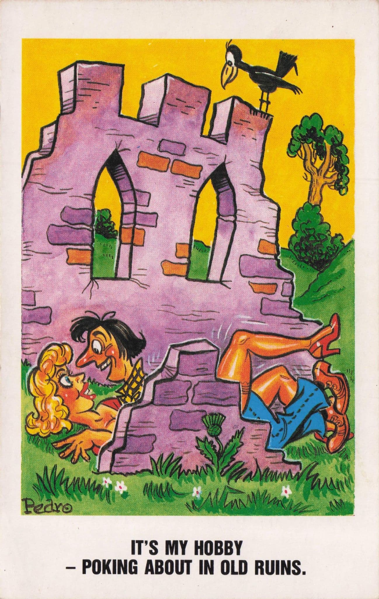 Dirty Man Poking Around Sexy Lady In Old Building Ruins Comic Postcard