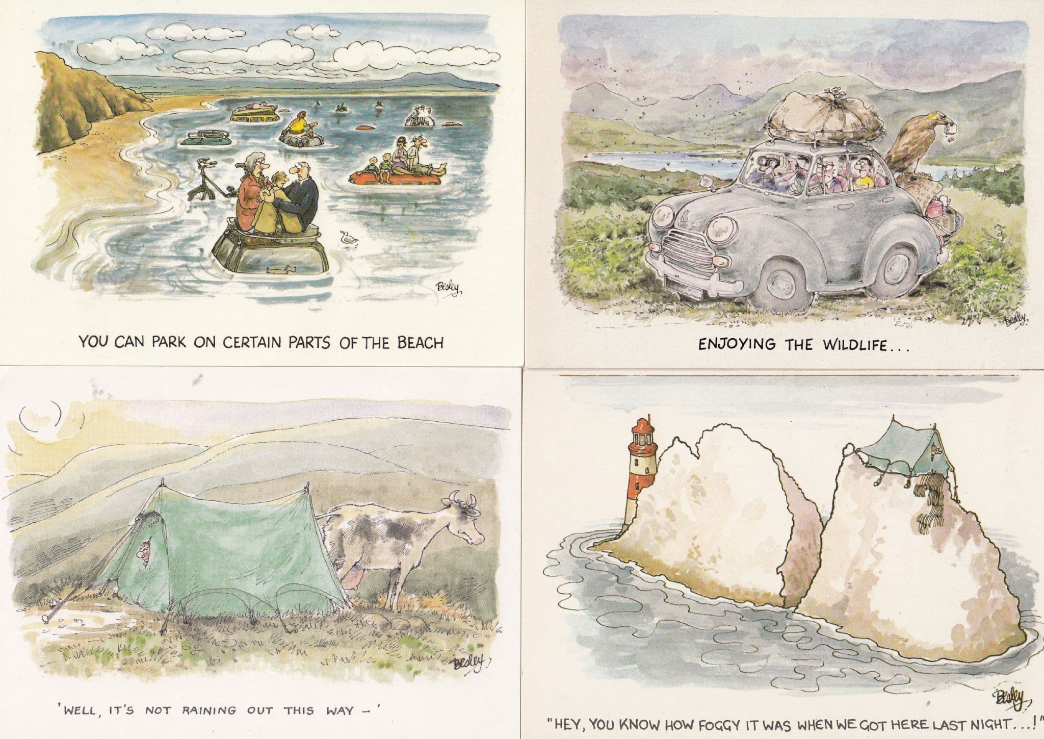 Disaster Camping & Caravan Holiday 4x Comic Postcard s