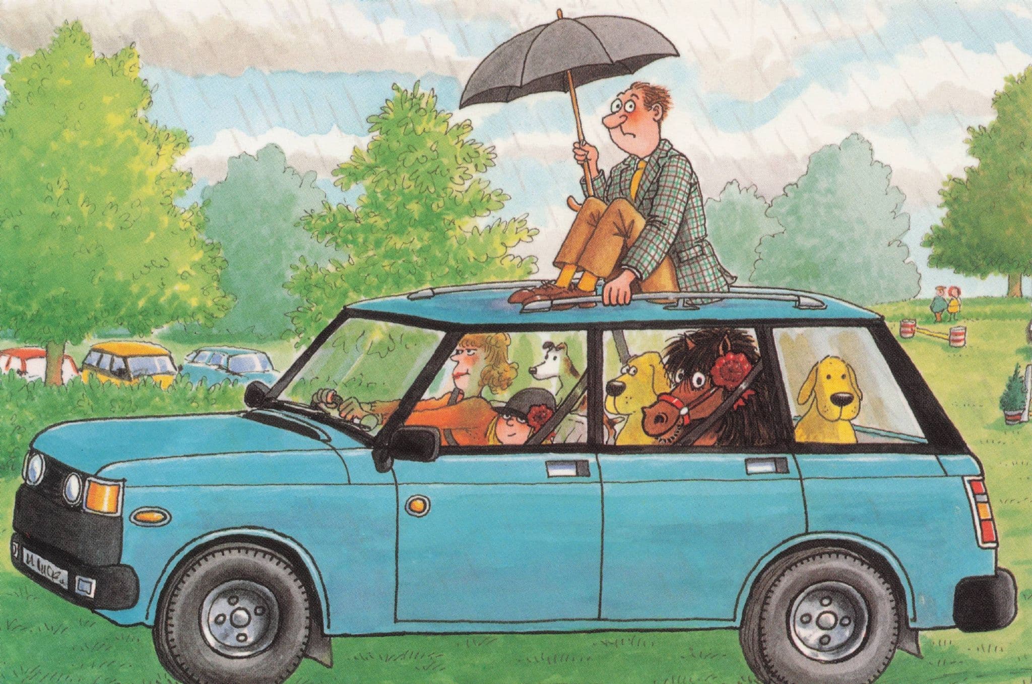 Disaster Weather Overcrowded Car Of Dogs Animals Pets Comic Postcard