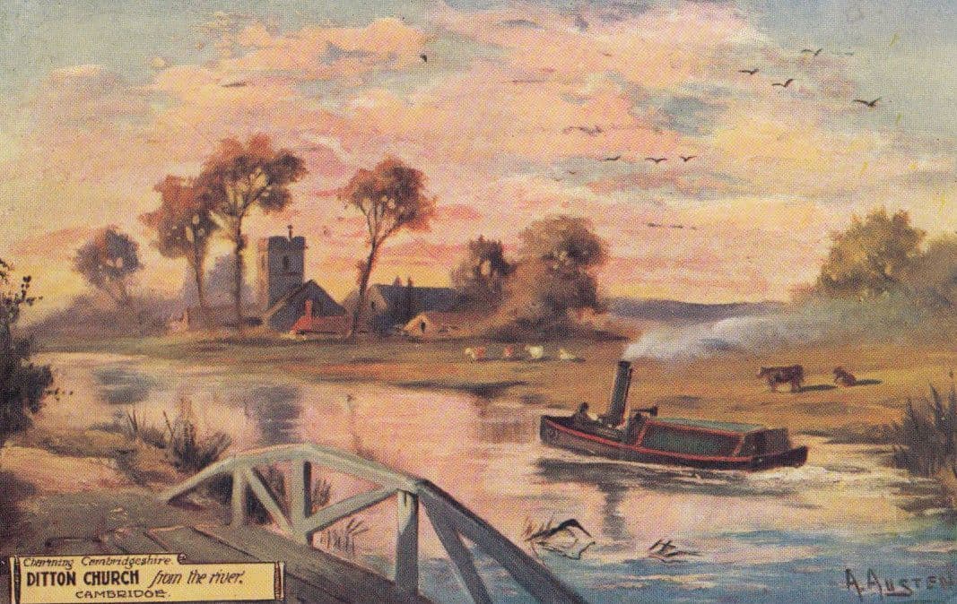Ditton Church From The River Antique Cambridge Oilette Sunset Painting Postcard