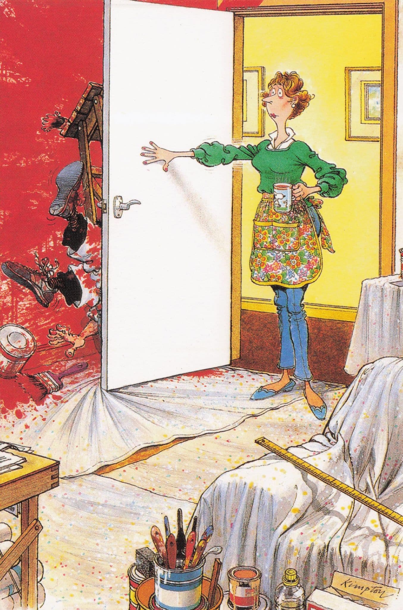 DIY House Decorator Hiding Behind Door Slams Crushing Comic Postcard