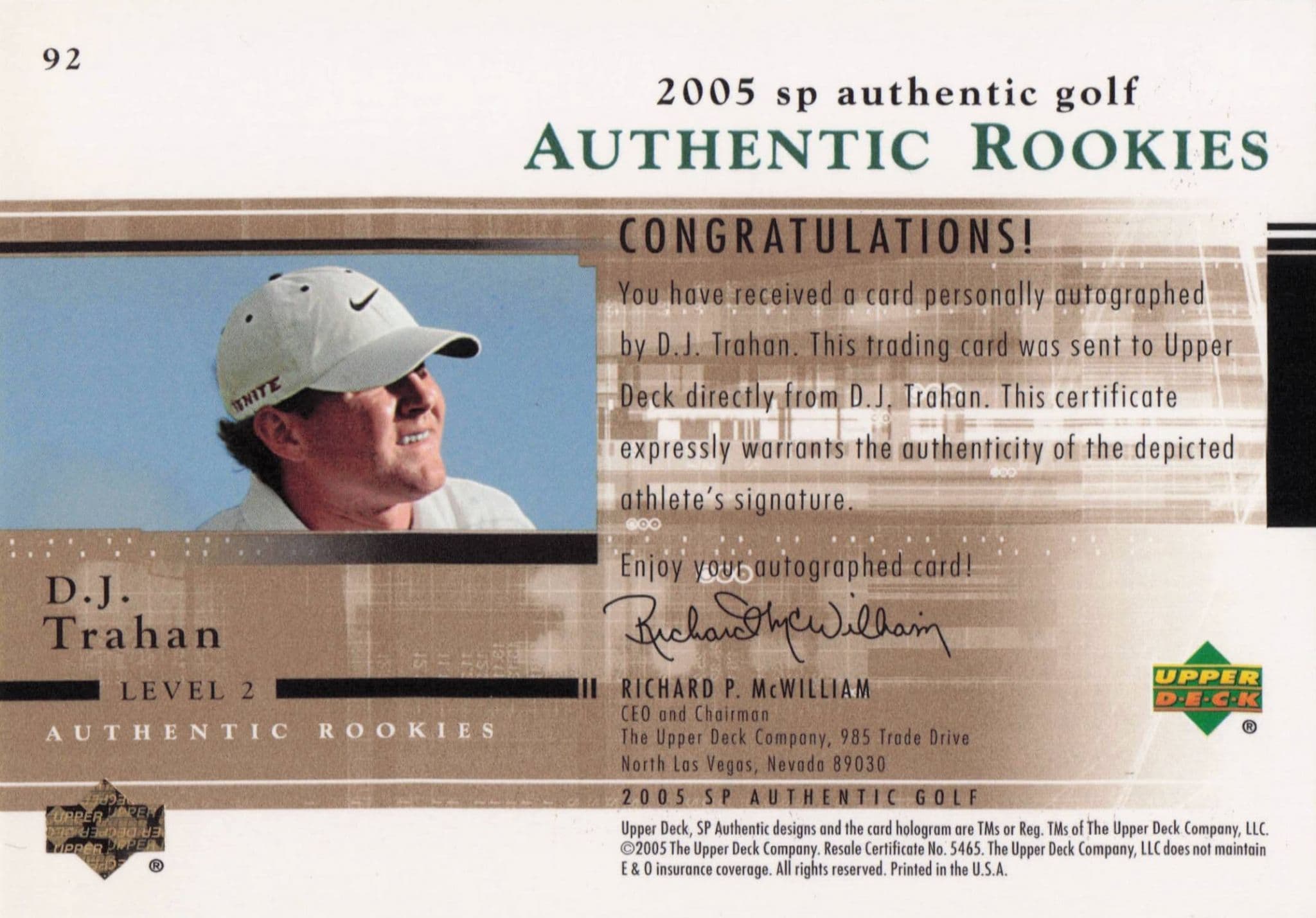 DJ Trahan Authentic Rookies 2005 Golf SP Hand Signed Autograph Card