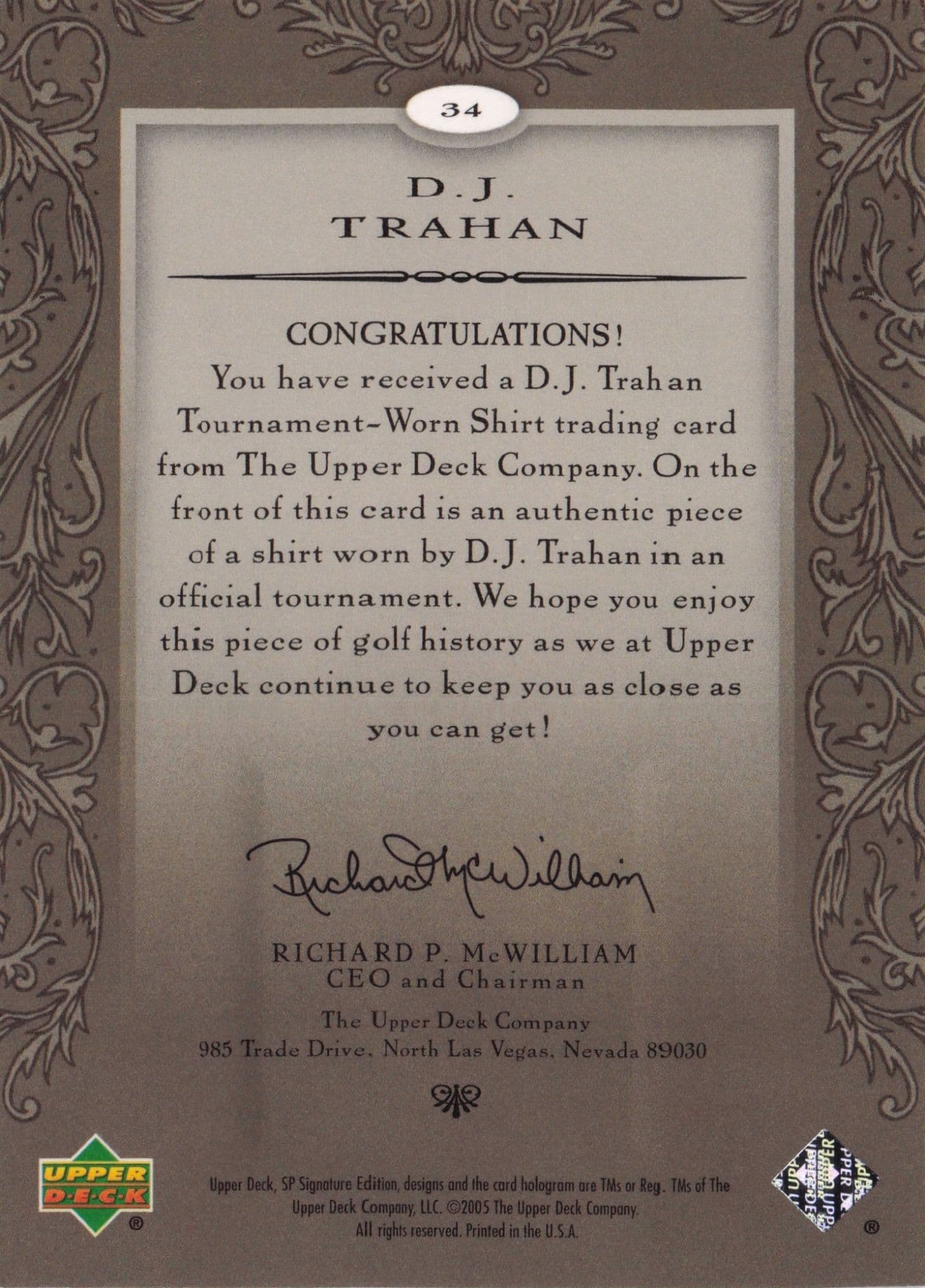 DJ Trahan First Tee SP 2005 Golf Upper Deck Relic Shirt Card