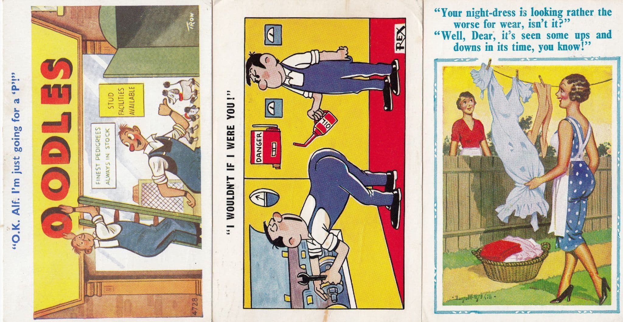 Dog Pet Shop Car Mechanic Washing Line 3x Old Comic Postcard s