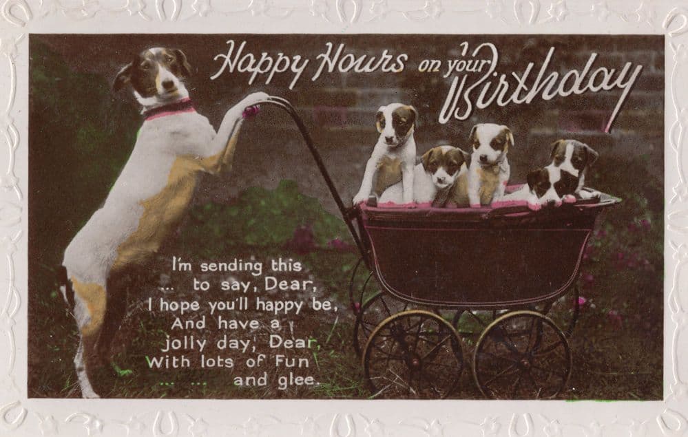Dog Pushing Pram Of Puppies Amazing Old Greetings RPC Postcard