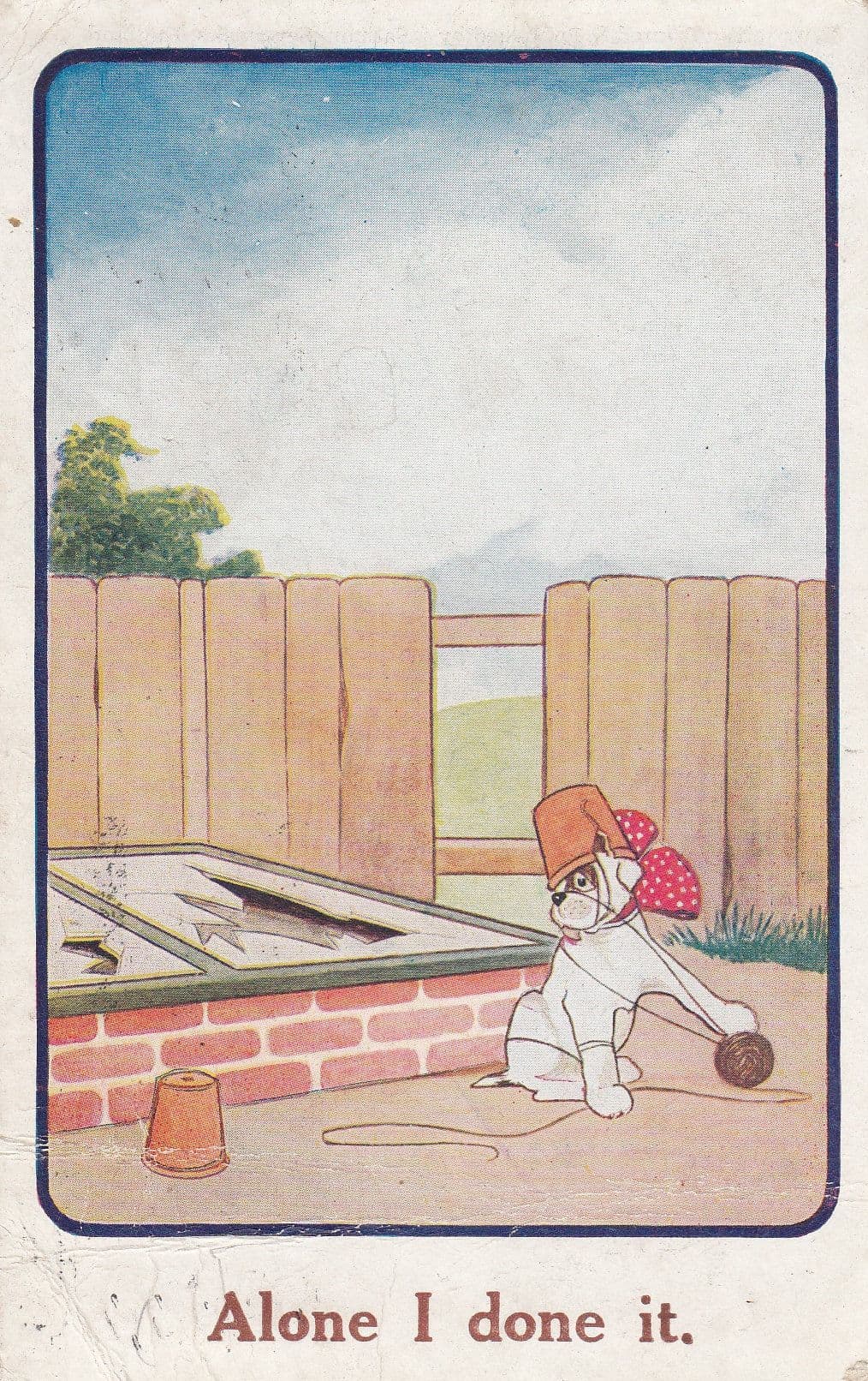 Dog With Bucket As Helmet Being A Soldier Garden Damage Comic Postcard