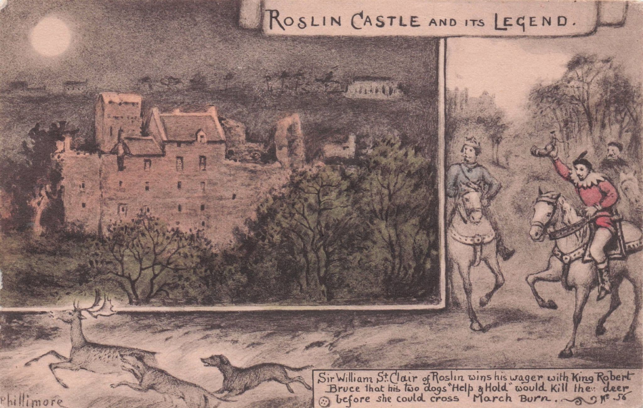Dogs Deer Hunting at Roslin Castle Antique Phillimore Painting Postcard