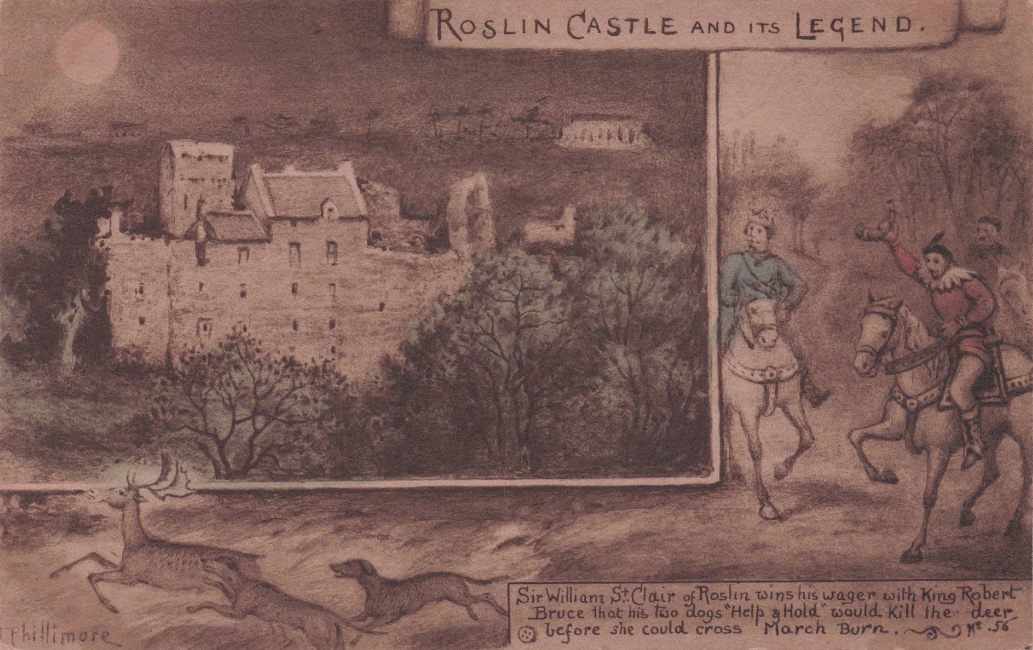 Dogs Deer Hunting Gamble Roslin Castle Antique Phillimore Painting Postcard