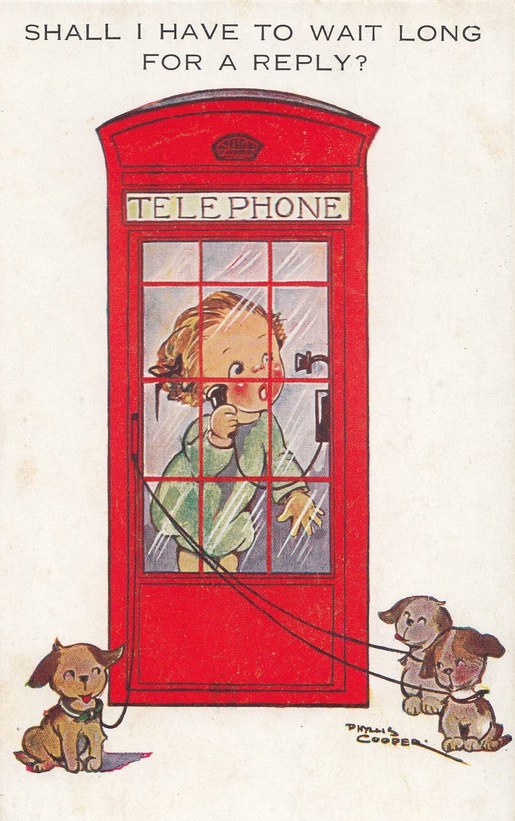 Dogs Outside Old British Telecom Telephone Box Comic Postcard