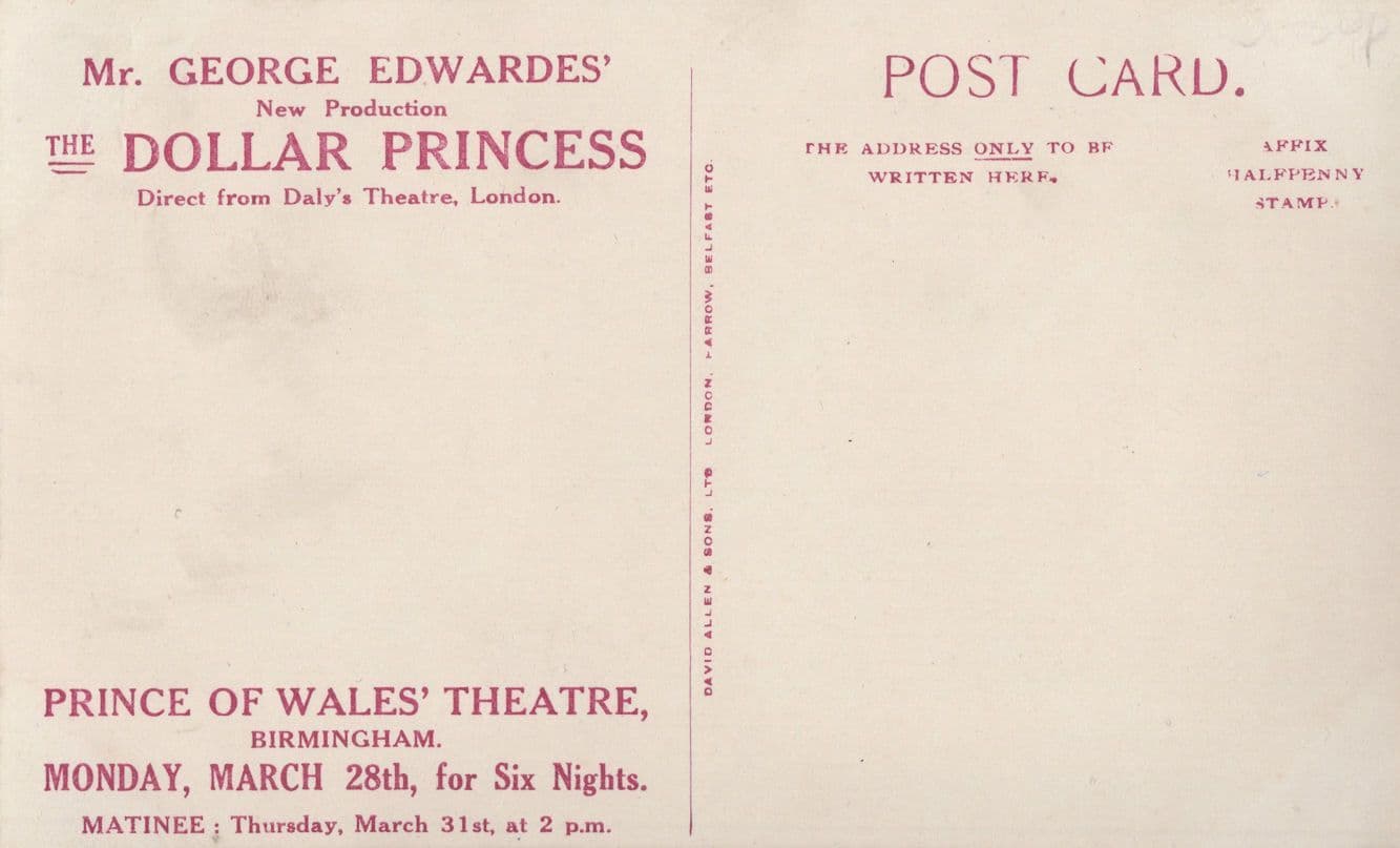 Dollar Princess at Prince Of Wales Birmingham Theatre Old Postcard